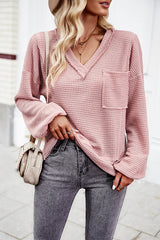 Snao V Neck Knitted Patchwork Pocket Long Sleeve Top