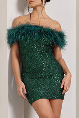 It's Show Biz Sequin Feather Trim Bodycon Mini Dress