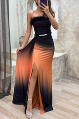 Wild Elegance Gradient Print Feather Trim Belted Slit Maxi Dress