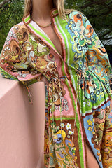 Color Block Unique Print Pocket Button Drawstring Long Sleeve Maxi Dress