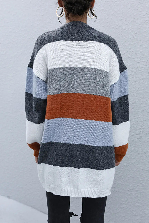 Casual Knitted Color Blocked Long Sleeved Cardigan