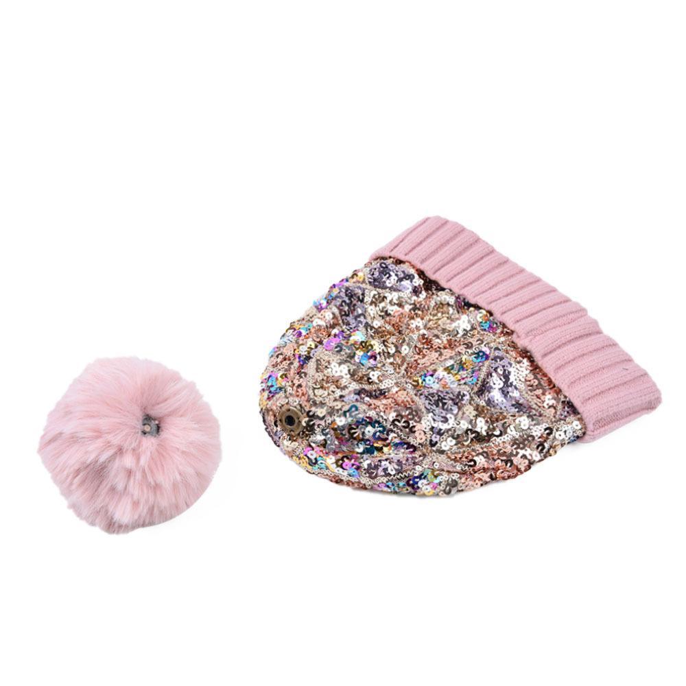 Sequined plush thickened warmth detachable knit hat