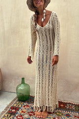 Somewhere Sunny Hollow Out Tassel Long Sleeve Knit Beach Maxi Dress