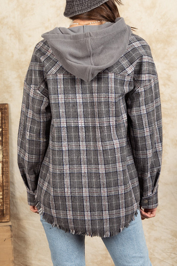 Hoiud Large Pocket Single Breasted Hooded Plaid Shirt