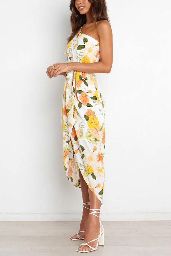 Kaycie Floral One Shoulder Belted Wrap Midi Dress