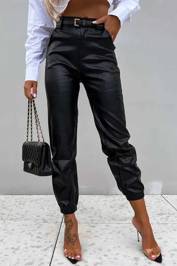 Don't Rush It PU Leather High Waist Cuffed Pants