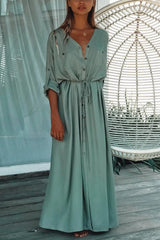 Dixon Cotton Blend Waist Tie Button Maxi Dress