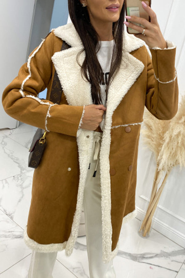 Single Breasted Multi Button Solid Color Long Sleeved Sherpa Coat