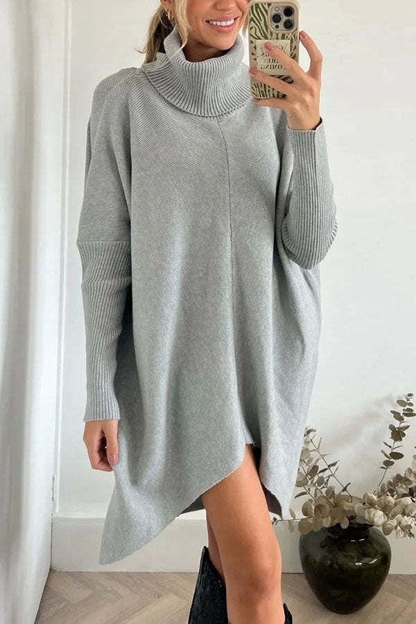 Perfect  Winter Walks Knit Turtleneck High-low Hem Loose Midi Sweater