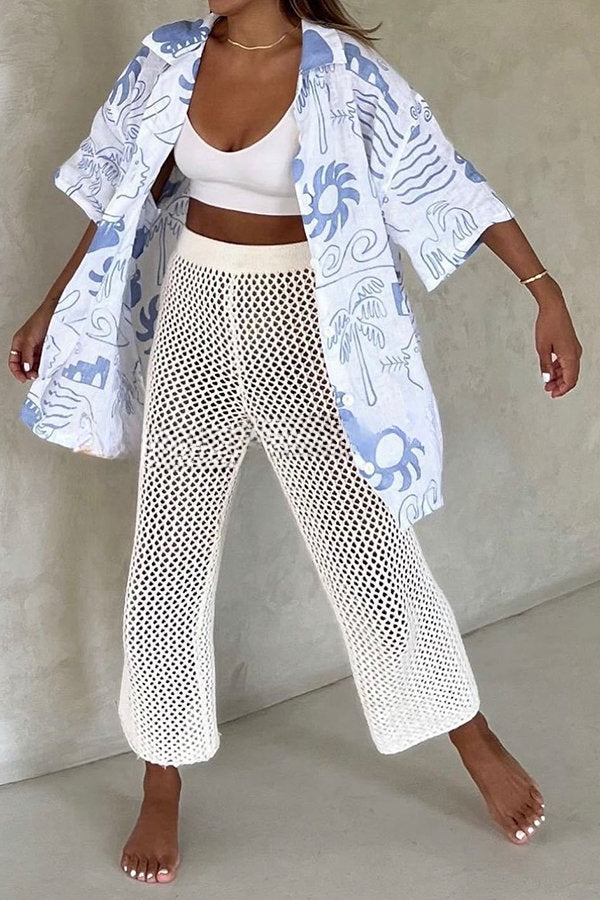 Quiet Beach Linen Blend Printed Oversized Blouse and Elastic Waist Shorts Set