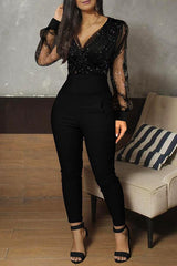 Top Floor Party Sheer Mesh Glitter Pocketed Jumpsuit