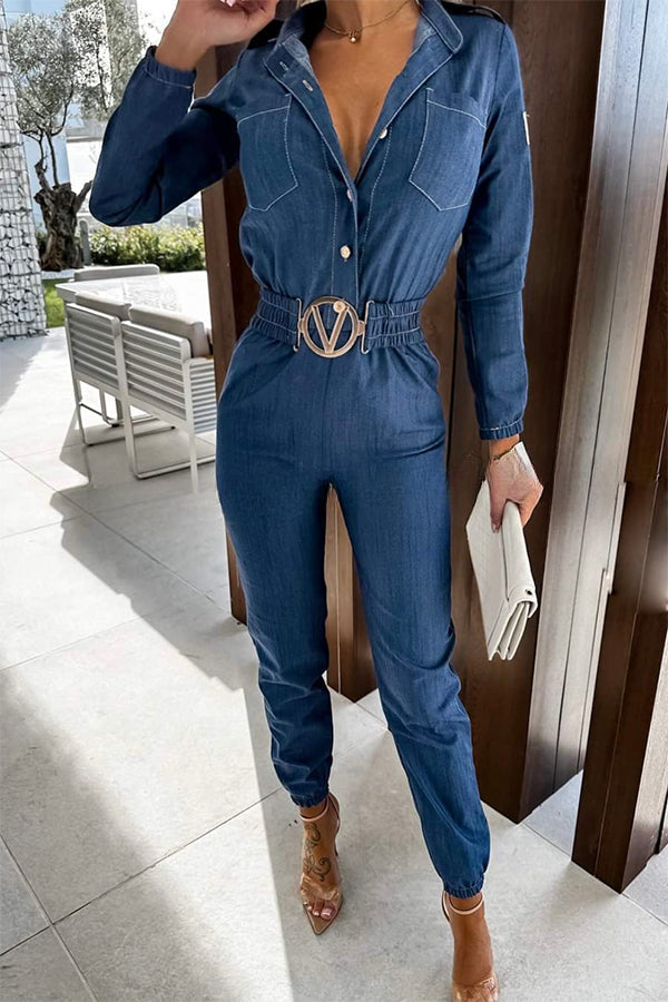 Dreaming of Soho Denim Elastic Belt Pocketed Shirt Jumpsuit