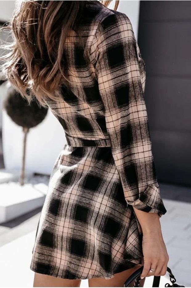 V Neck Plaid Shirt Dress