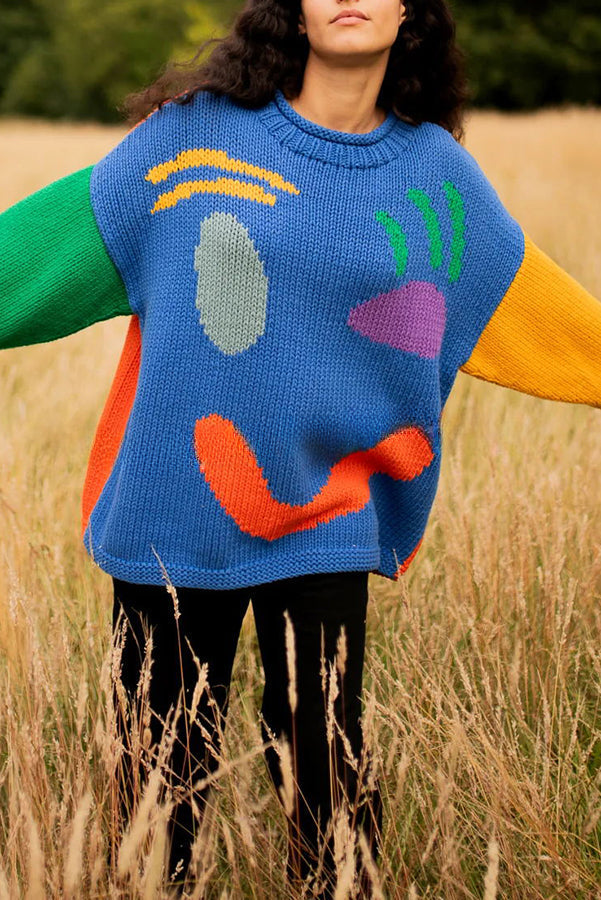 Feel Good Knit Colorful Smiley Face Loose Pullover Sweater