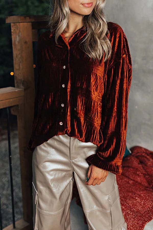 Hiosd Velvet Pleated Button Down Long Sleeve Shirt