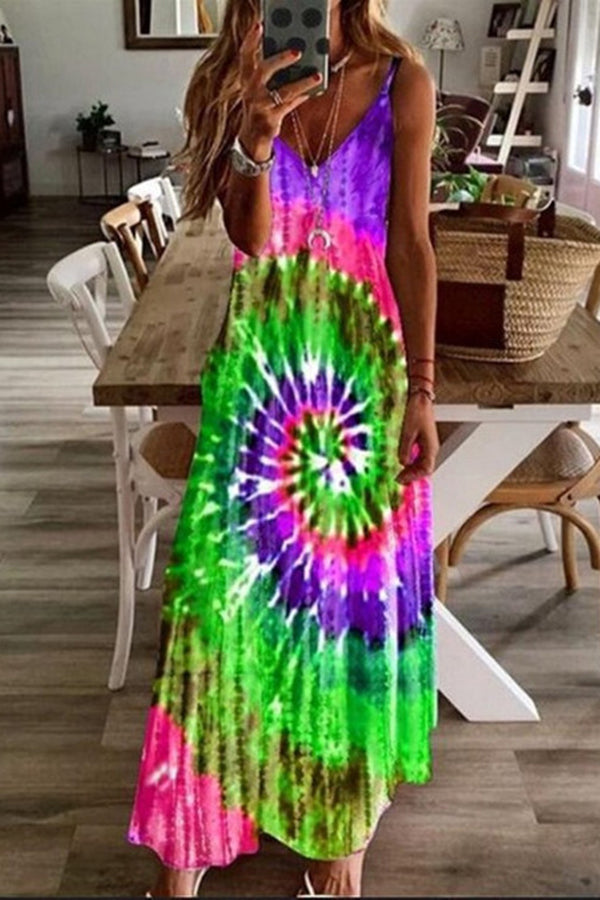 Rainbow Tie Dye Swirl Print Slip Maxi Dress