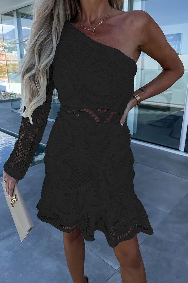 City Romance Crochet Lace One Shoulder Mini Dress