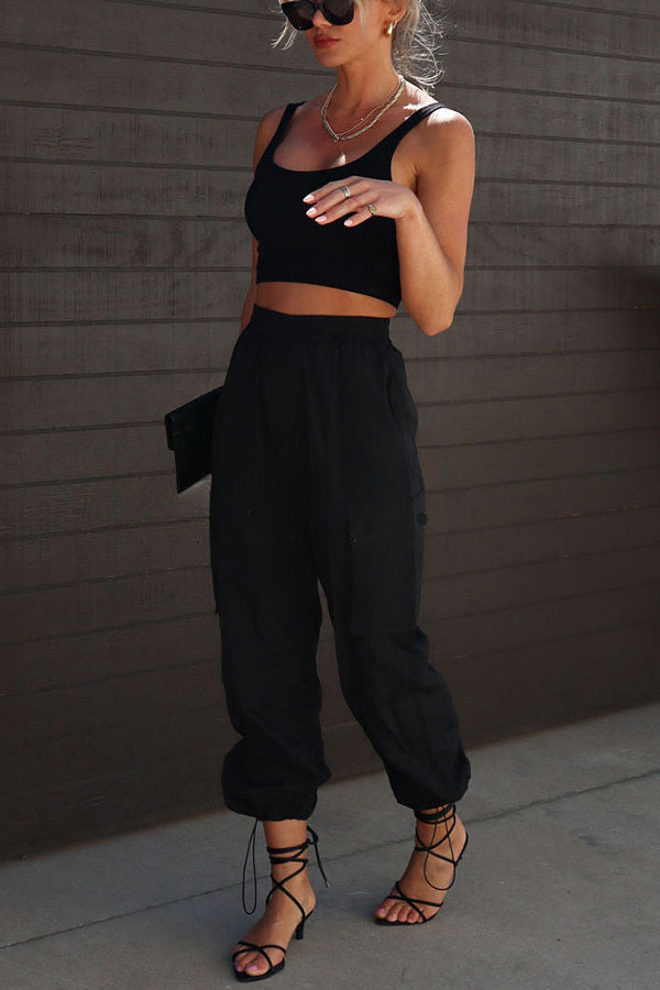 Rewind Nylon Elastic Waist Pocketed Cargo Pants