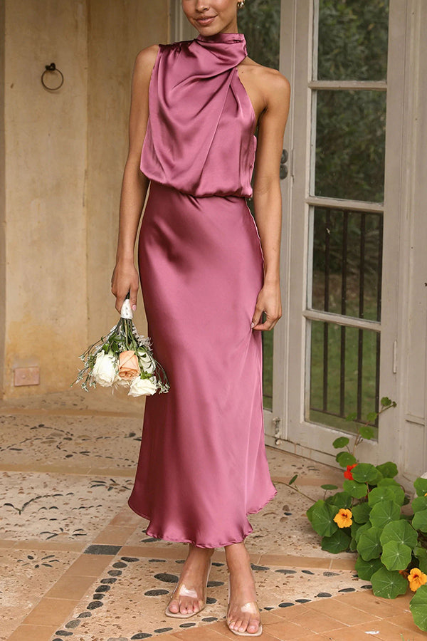 Perfectly Yours High Neck Elastic Waist  Satin Drape Maxi Dress