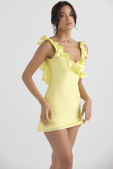 Yellow Silk Satin Ruffle Mini Dress