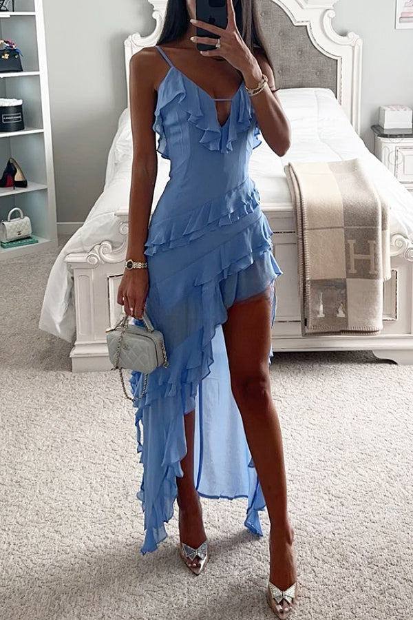 Can't Escape Love Chiffon Layered Ruffle Irregular Slit Maxi Dress