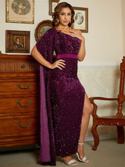 One Shoulder Cloak Sleeve Sequins Maxi Dress XJ726