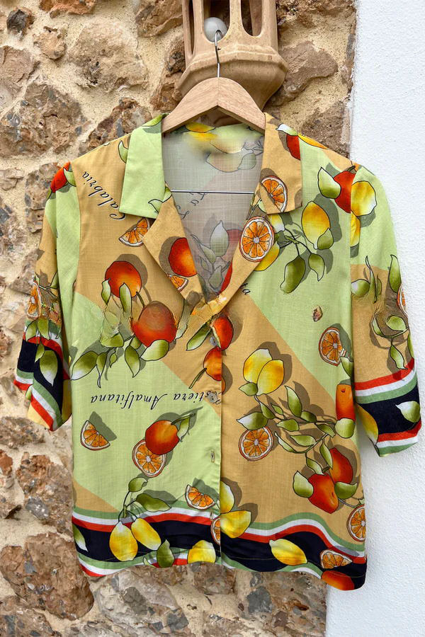 Fruity Citrus Linen Blend Printed Button Down Vacation Blouse