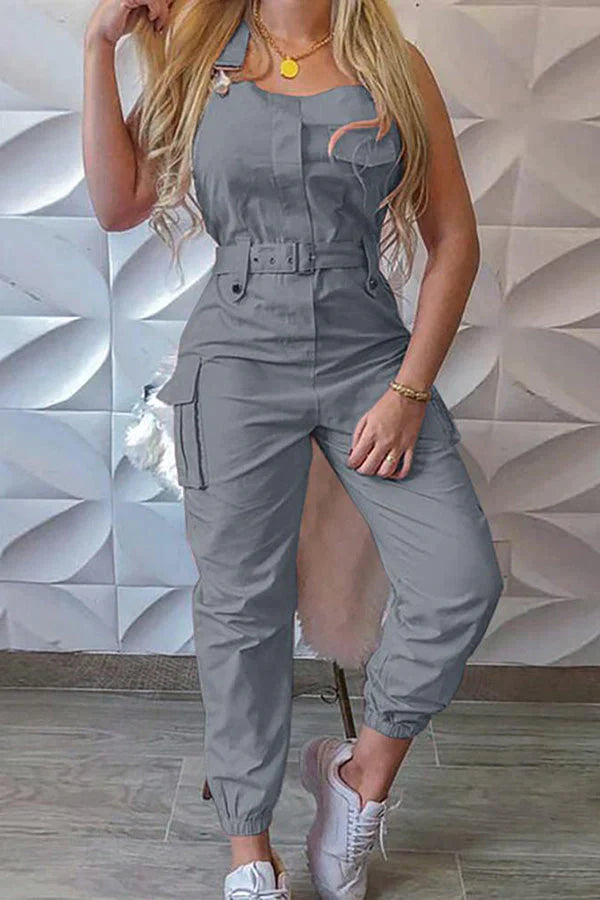 Nastia Pocket Buckle Design Cargo Suspender Jumpsuit