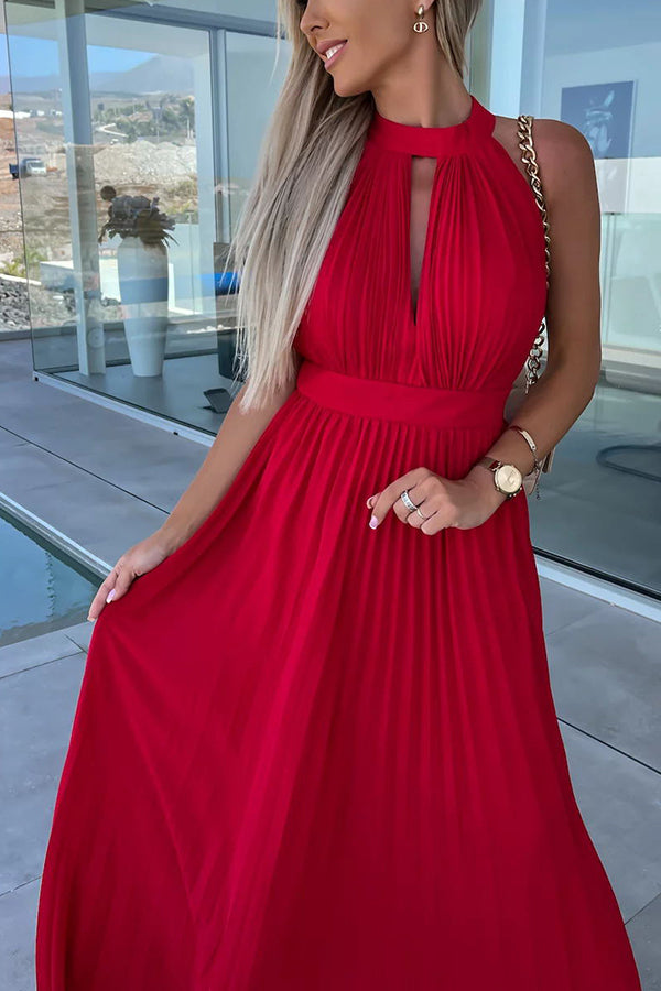 Ella Satin Halter Cutout Neck Backless Pleated Maxi Dress