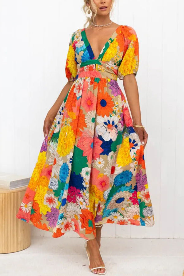 Floral Frenzy Printed Puff Sleeve Back Smocked Maxi Dress