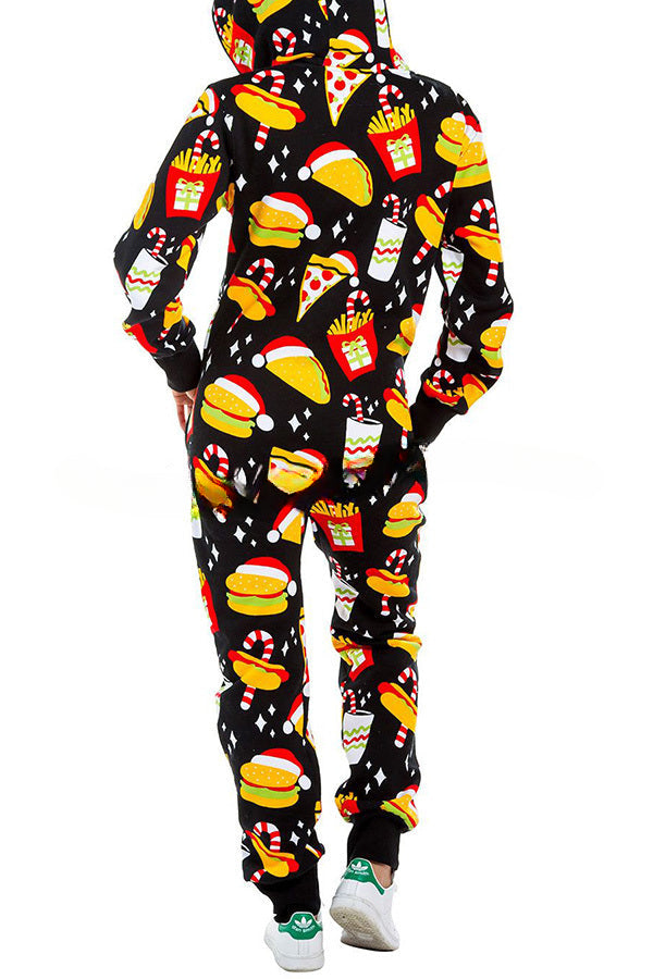 Loungewear-Overall mit Weihnachtsdruck, Reißverschlusstaschen und Kapuze