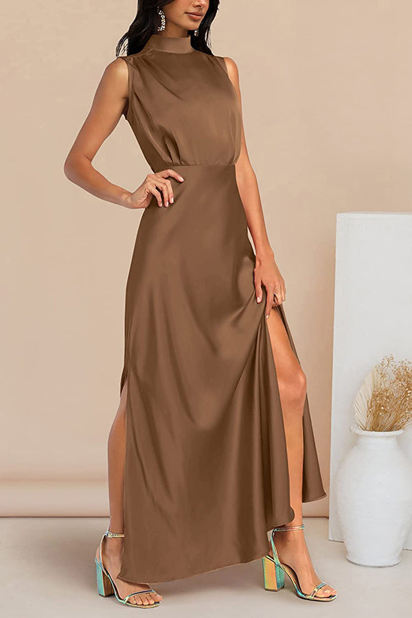 The Story of Us Satin High Neck Slit Maxi Dress