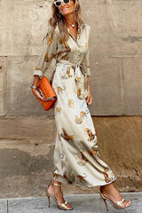 Now Trending Tiger Print Satin Shirt Maxi Dress