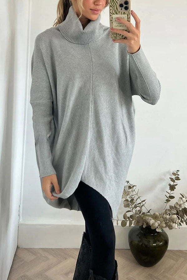 Perfect  Winter Walks Knit Turtleneck High-low Hem Loose Midi Sweater