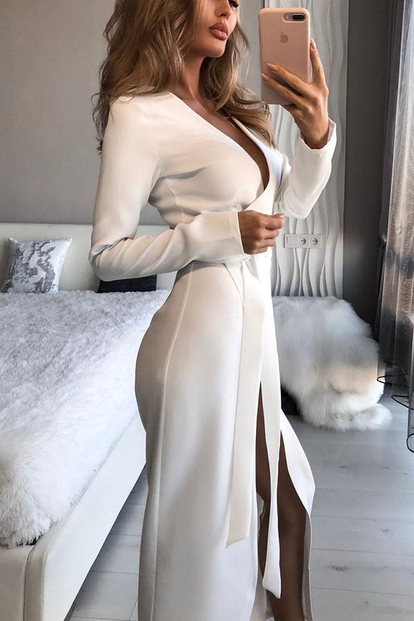 Troy Wrap Long Sleeve Collarless Maxi Dress