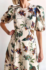 Level Up Floral Heaven Bird Print Puff Sleeve Midi Dress