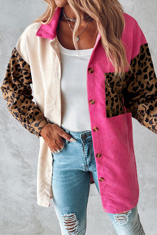 Colorblock Leopard Print Corduroy Long Sleeved Button Down Coat