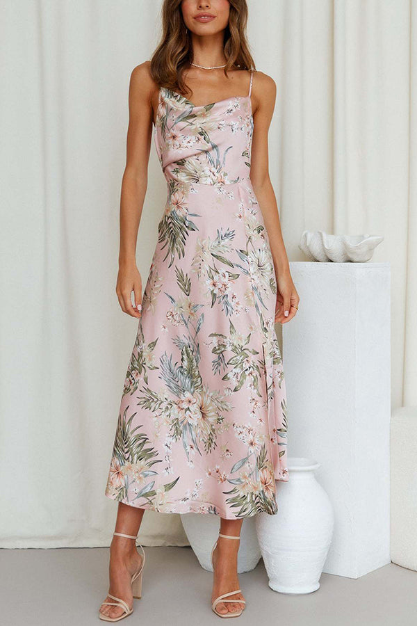 Everything You Need Satin Floral Cowl Neck Slit Midi Dress