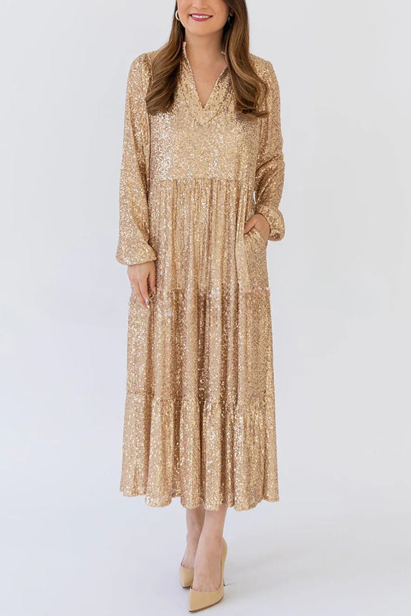 Shimmer and Shine Sequin Pocketed Tiered Party Holiday Midi Dress