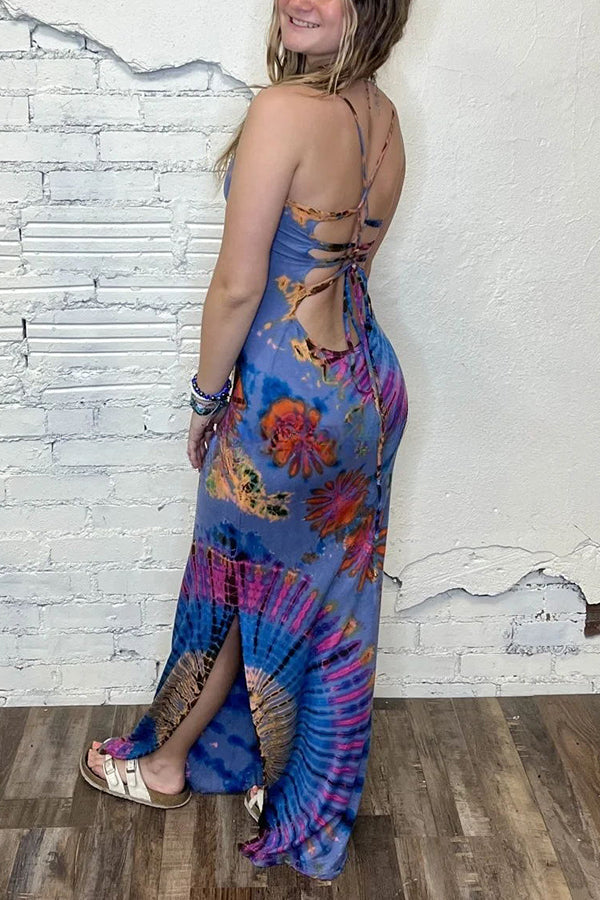 Tuscan Vibes Tie-dye Print Back Lace-up Slit Stretch Maxi Dress