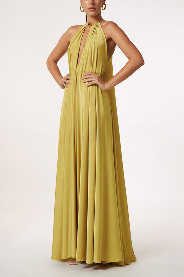 Greek Goddess Distinctive Golden Halter Neck A-line Maxi Dress