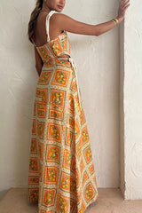 Orange Summer Printed Linen Blend Cutout Tie-up Design Maxi Dress