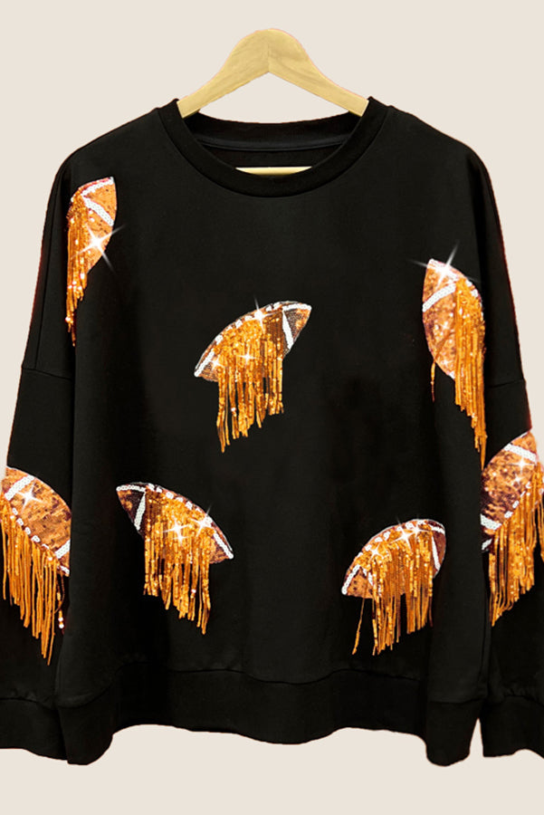 Rugby Sequined Patchwork Fringed Crew Neck Sweatshirt