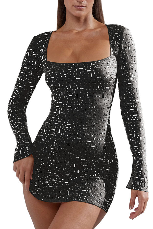 Sequined Semi See Through High Waisted Long Sleeved Mini Dress