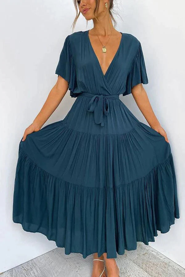 Elegant Flared Sleeve Tie Midi Dress