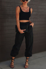 Rewind Nylon Elastic Waist Pocketed Cargo Pants