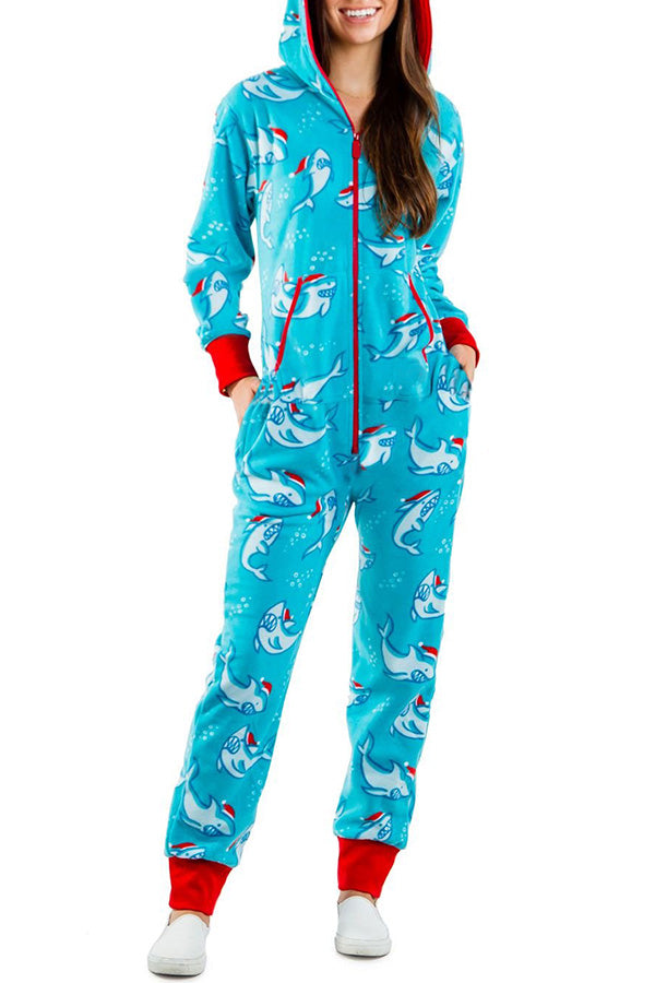Loungewear-Overall mit Weihnachtsdruck, Reißverschlusstaschen und Kapuze