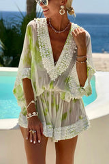 Shiny Holiday Sequin Trim Tie-dye Print Loose Cover-up