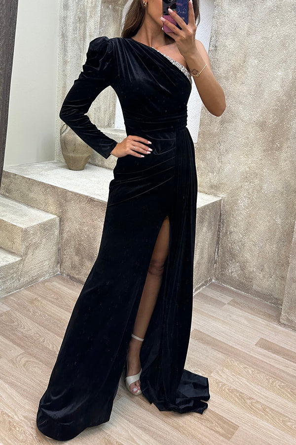 Mysterious Lady Velvet One Shoulder Sequin Trim Ruched Slit Maxi Dress