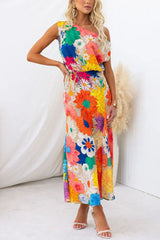 Happiness Always Floral Print Asymmetric Neck Elastic Waist Party Maxi Dress